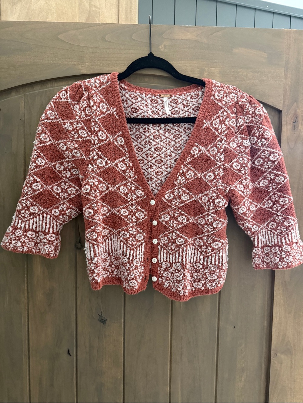 Free People Rust & White Cropped V-Neck Button Cardigan Sweater